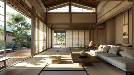 Fototapeta premium Modern Japanese Home Interior Design With Wooden Floor and Sliding Doors