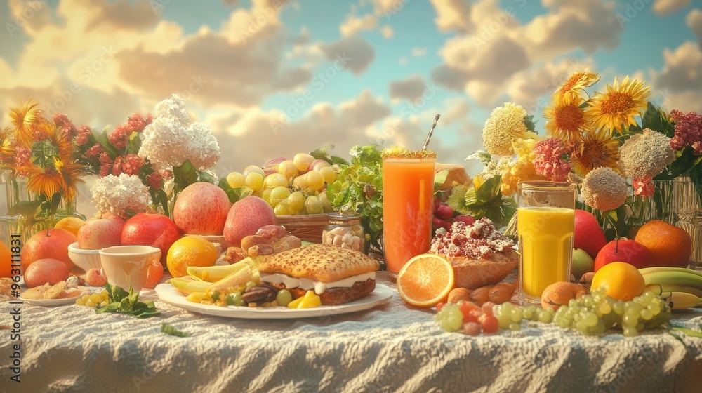 Poster plates of fresh, healthy food and drinks displayed on a table, created using computer graphics with 