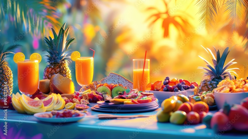 Poster plates of fresh, healthy food and drinks displayed on a table, created using computer graphics with 