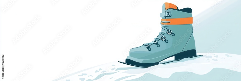 Poster a sleek ski boot rests on a snowy trail, evoking a sense of adventure for winter sports enthusiasts 