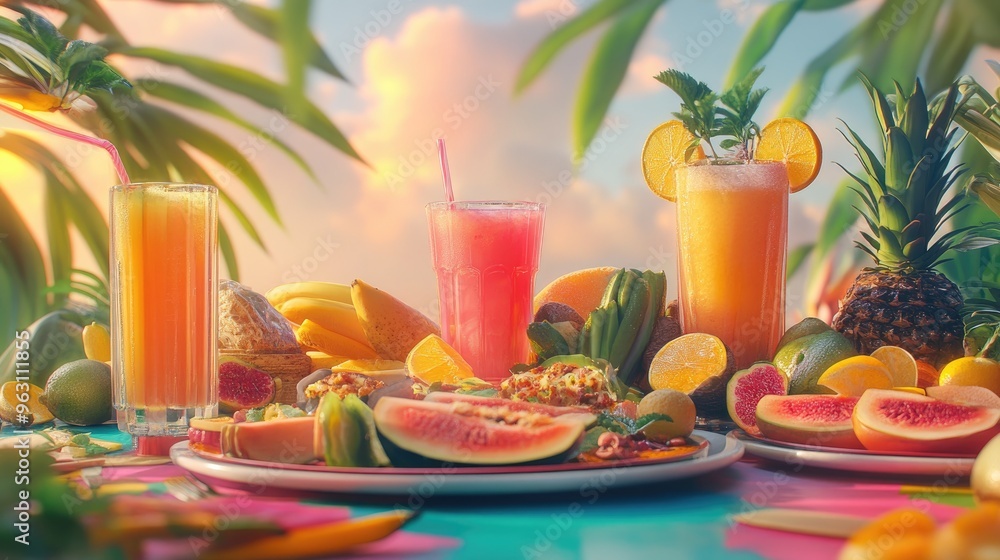 Poster plates of fresh, healthy food and drinks displayed on a table, created using computer graphics with 