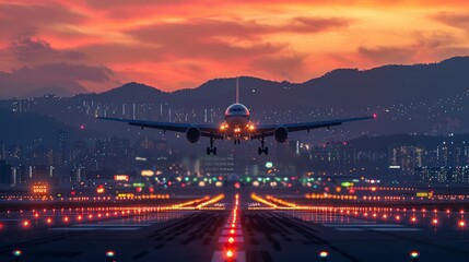 A plane lands at the airport against the backdrop of sunset, mountains and lights on the runway.