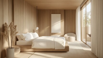 Minimalist Bedroom Interior Design with Wooden Walls  White Bedding  and Natural Light