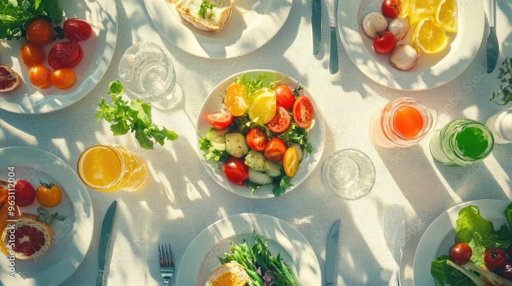 Fototapete Plates of fresh, healthy food and drinks displayed on a table, created using computer graphics with a realistic background