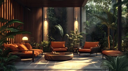 Fototapeta premium Room with luxury furniture and cozy relaxation areas, designed with modern aesthetics in computer graphics, set against a realistic backdrop