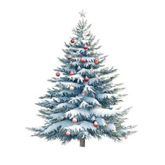 Fototapeta premium A decorated Christmas tree with snow and colorful ornaments, perfect for holiday celebrations and seasonal festivities.