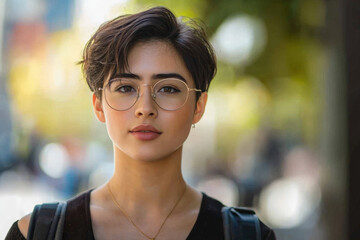 Young non-binary person with a backpack is standing in the city with a neutral expression