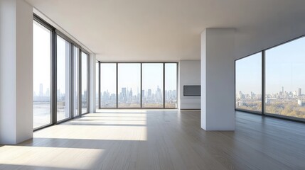 Obraz premium Modern Empty Room with City View and Wooden Floor