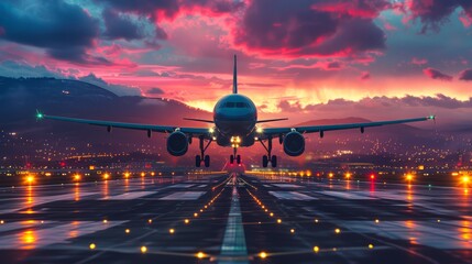 A plane lands at the airport against the backdrop of sunset, mountains and lights on the runway.