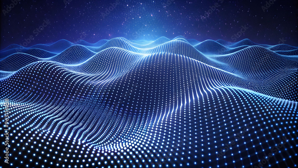 Poster 3D Wave Landscape with Dots and Binary Code, Digital Processing and Virtual Reality. Technology background with dots and waves neural networks, AI, data transmission and encryption,