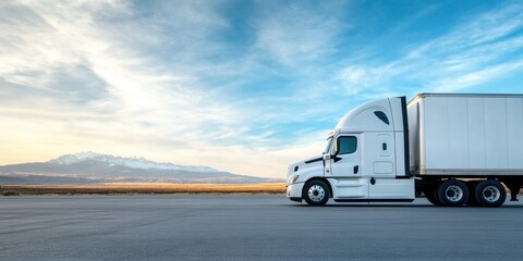 Fototapeta premium Large white semi truck on the road with beautiful nature and mountains in the background