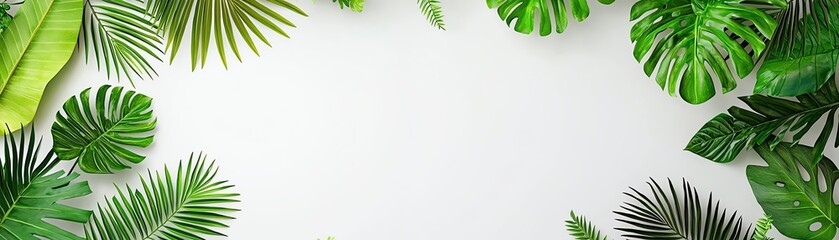 A beautiful arrangement of tropical leaves creating a natural frame on a clean background, perfect for various design projects.