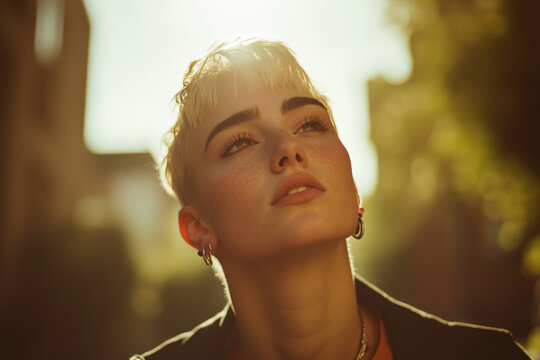 Fashionable non binary person is posing with their eyes closed, enjoying the warm sunlight