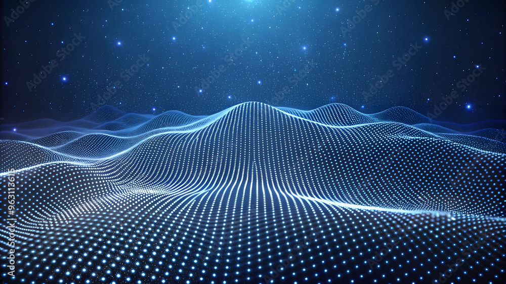 Poster 3D Wave Landscape with Dots and Binary Code, Digital Processing and Virtual Reality. Technology background with dots and waves neural networks, AI, data transmission and encryption,