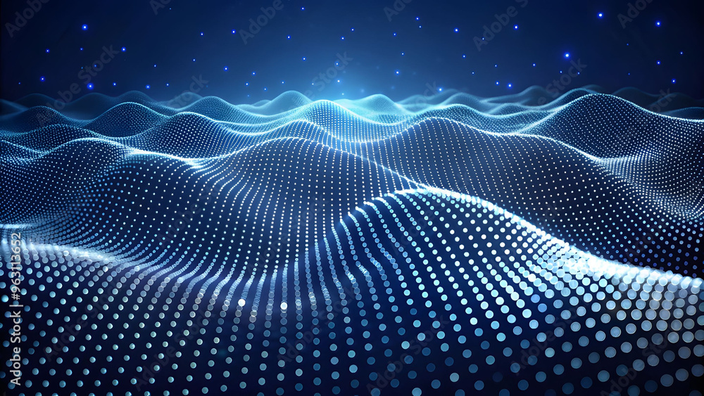 Poster 3D Wave Landscape with Dots and Binary Code, Digital Processing and Virtual Reality. Technology background with dots and waves neural networks, AI, data transmission and encryption,