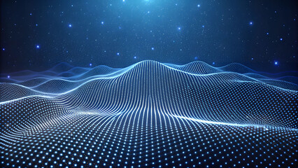3D Wave Landscape with Dots and Binary Code, Digital Processing and Virtual Reality. Technology background with dots and waves neural networks, AI, data transmission and encryption,
