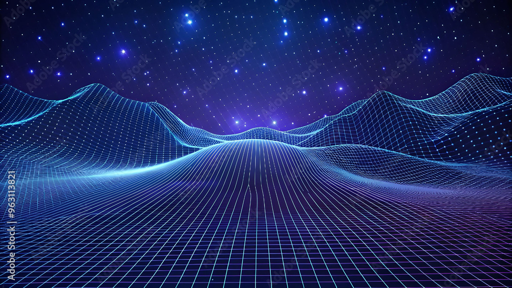 Poster 3D Wave Landscape with Dots and Binary Code, Digital Processing and Virtual Reality. Technology background with dots and waves neural networks, AI, data transmission and encryption,