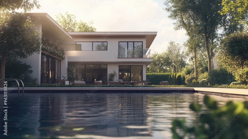 Poster a beautiful house with modern architecture, featuring a swimming pool in front, digitally rendered w