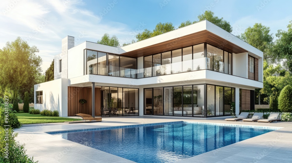 Poster a beautiful house with modern architecture, featuring a swimming pool in front, digitally rendered w