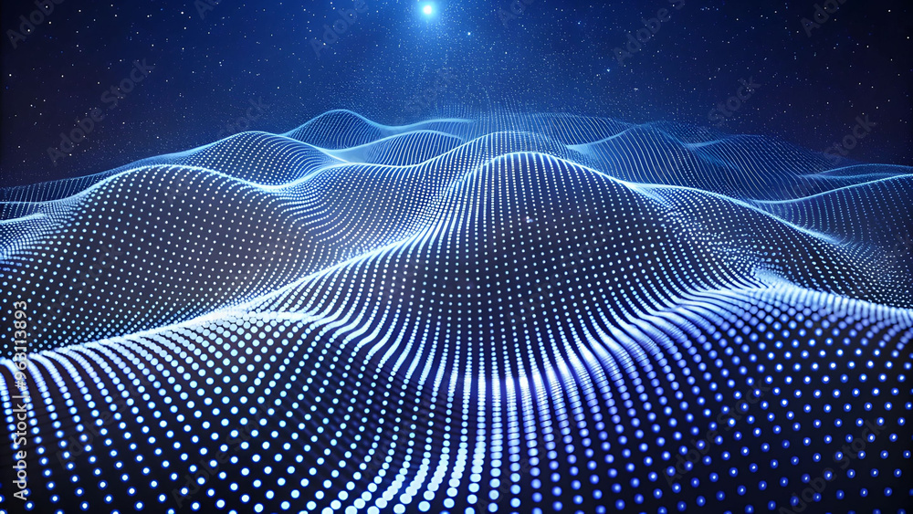 Poster 3D Wave Landscape with Dots and Binary Code, Digital Processing and Virtual Reality. Technology background with dots and waves neural networks, AI, data transmission and encryption,