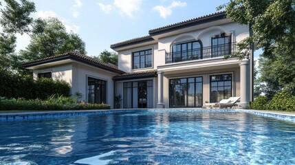 A beautiful house with modern architecture, featuring a swimming pool in front, digitally rendered with realistic computer graphics