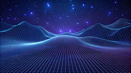3D Wave Landscape with Dots and Binary Code, Digital Processing and Virtual Reality. Technology background with dots and waves neural networks, AI, data transmission and encryption,