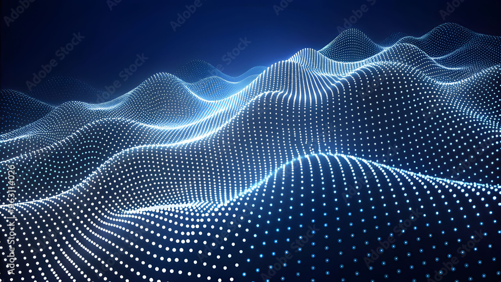 Leinwandbilder 3D Wave Landscape with Dots and Binary Code, Digital Processing and Virtual Reality. Technology background with dots and waves neural networks, AI, data transmission and encryption,