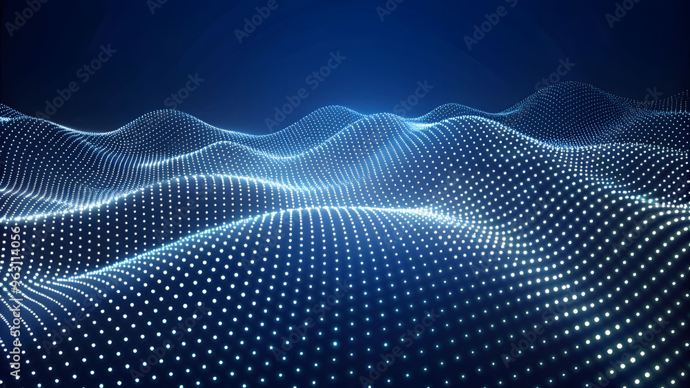 Leinwandbilder 3D Wave Landscape with Dots and Binary Code, Digital Processing and Virtual Reality. Technology background with dots and waves neural networks, AI, data transmission and encryption,