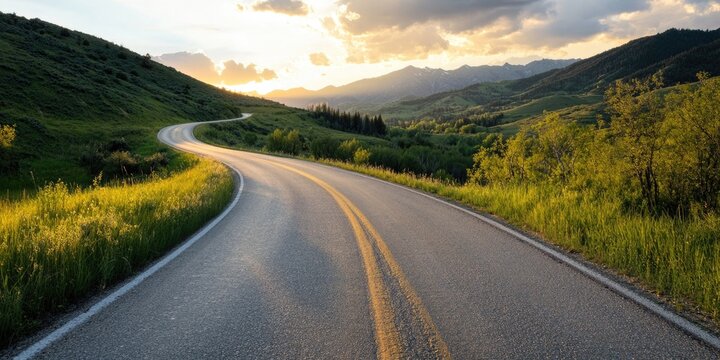 A winding asphalt highway stretching through lush green mountains under a dramatic sunset sky, with vibrant clouds, capturing the beauty of a serene road journey
