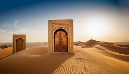 Mystical Gates of the Arabian Desert Stand Tall Over The Golden Sand Dunes