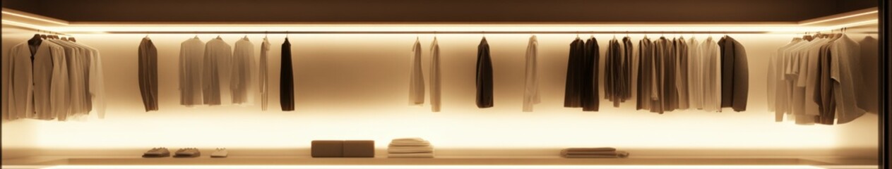 Modern minimalist closet with neatly arranged clothing in soft lighting