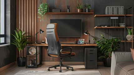 Fototapeta premium Modern Home Office with Computer and Indoor Plants