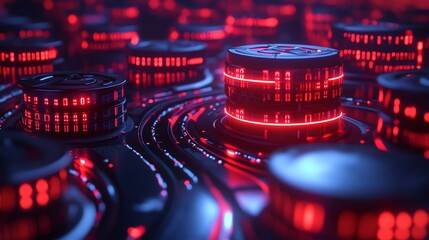 Futuristic server data center with red neon lights.