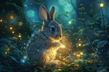 A small rabbit in a mystical forest glows softly, surrounded by magical firefly-like lights and enchanted foliage.