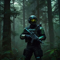 Obraz premium Digital artwork featuring a futuristic soldier in a dense, misty forest generated AI.