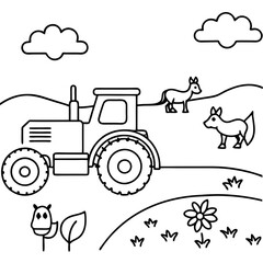 Tractor working in the field with cows and chickens 