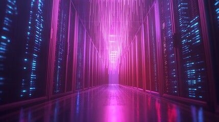 Futuristic Server Room with Pink and Blue Neon Lights.
