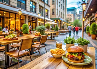 Fototapeta premium Fast food order frenzy modern style aesthetic bold color palette quick bite lifestyle busy street corner vibrant energetic casual dine out urban scene