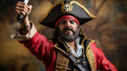 Obraz premium A pirate captain with a peg leg, raising his sword in victory, pirate captain, peg leg, victory