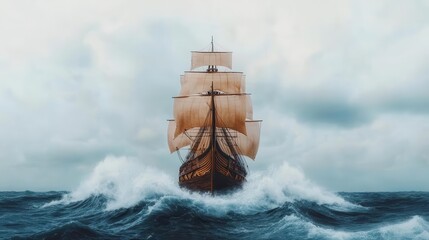 Fototapeta premium A pirate ship battling rough seas, waves crashing over the bow, pirate ship, rough seas, waves