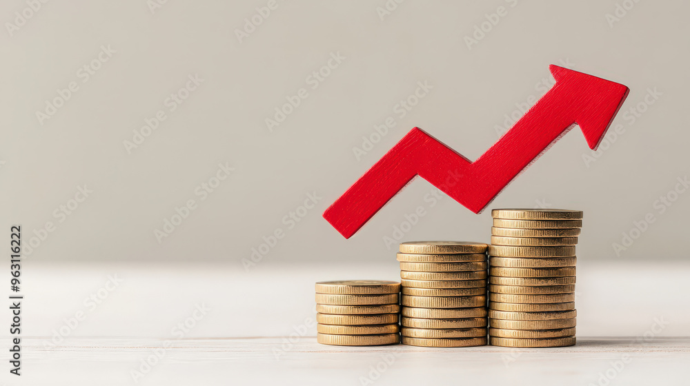 Poster stack of coins with a red downward arrow