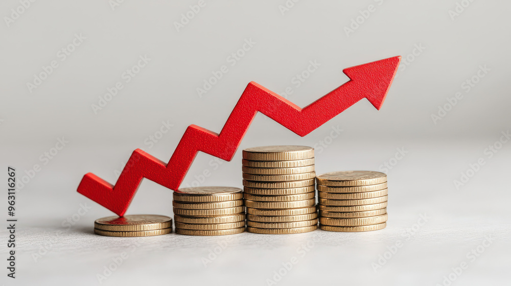 Poster illustration of stack of coins with a red downward arrow