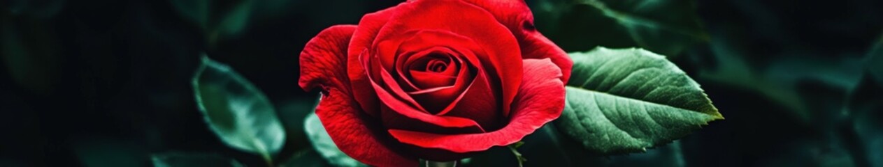 Bright red rose blooming in a lush green garden during springtime