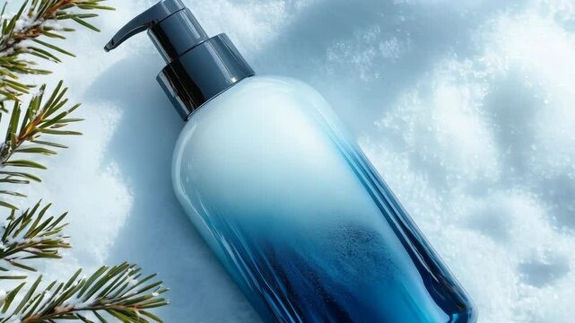 A bottle of blue shampoo lying on the white snow with a pine next to it.