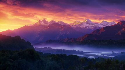 Mountain range at sunrise, golden glow over peaks, sky with purple, orange, and pink hues