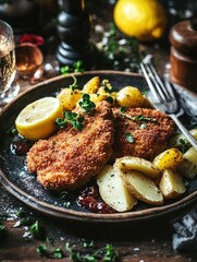 Crispy fried chicken with roasted potatoes and lemon served at dinner