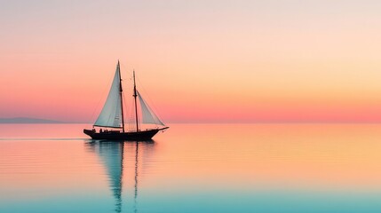 Fototapeta premium A pirate ship on calm waters at dawn, with soft pink and orange skies, pirate ship, calm waters, dawn
