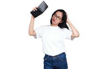 A sad asian woman with wallet isolated transparent