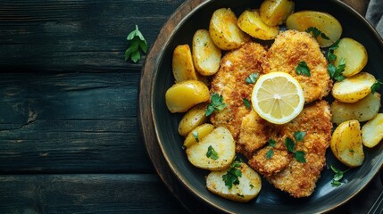 Crispy breaded chicken with lemon and roasted potatoes on wooden table