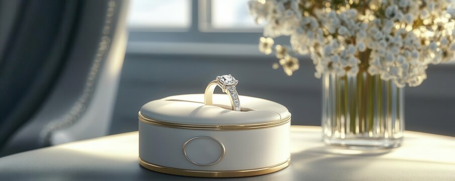 Customized wedding ring box with initials, elegant proposal scene, 3D illustration